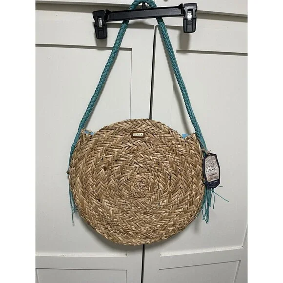 Sun N Sand Beach Bag Natural Straw round tote Blue NWT - Picture 1 of 7